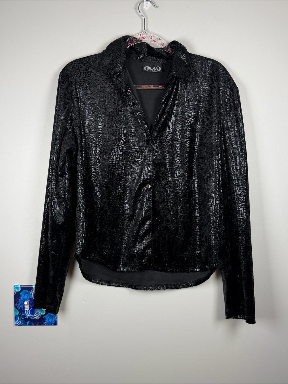 Vintage Y2K 90s ELAN Black Croc Embossed Grunge Goth Witchy Blouse Top Large